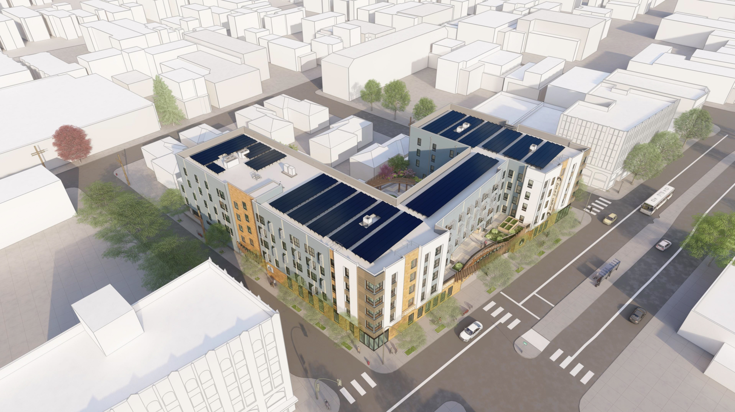 3050 International Boulevard aerial view, rendering by PYATOK Architects